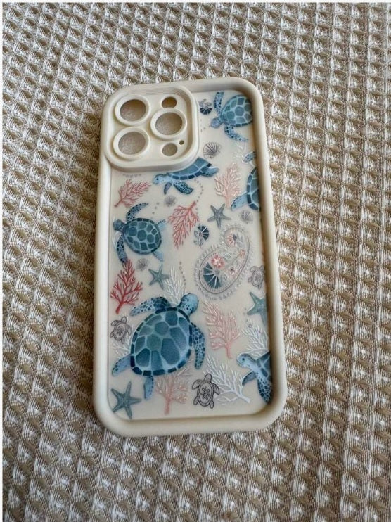 Sea Turtle Hot 3D Turtle Painting Concave Seaweed Coral Beach Cute Print Fashion Phone Case (Beige)