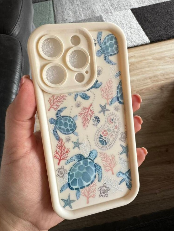 Sea Turtle Hot 3D Turtle Painting Concave Seaweed Coral Beach Cute Print Fashion Phone Case (Beige)