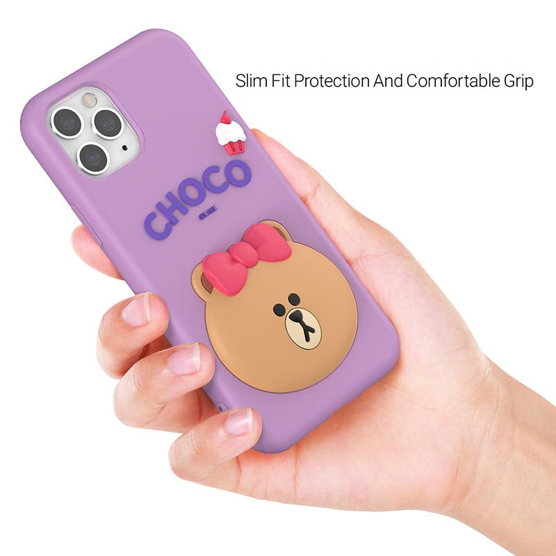 3D Cartoon Line Friends Choco Cute Teddy Soft Silicone Grip Pop with Holder Lavender Case