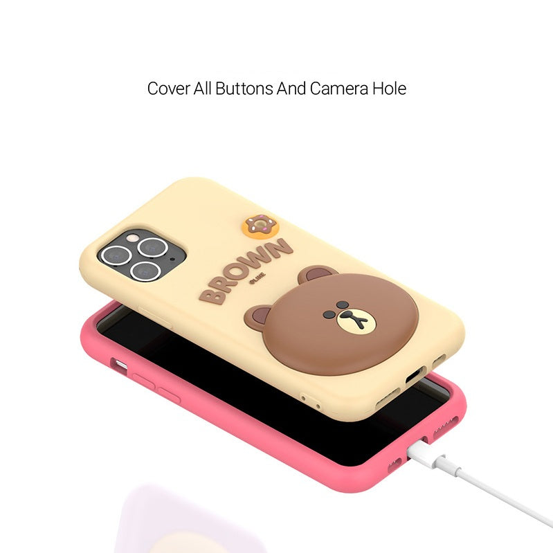 3D Cartoon Line Friends Teddy Cute Soft Silicone Grip Pop with Holder Brown Case