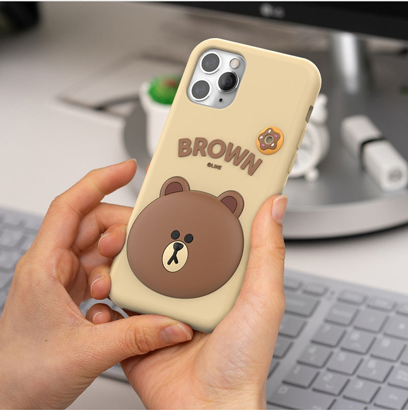 3D Cartoon Line Friends Teddy Cute Soft Silicone Grip Pop with Holder Brown Case