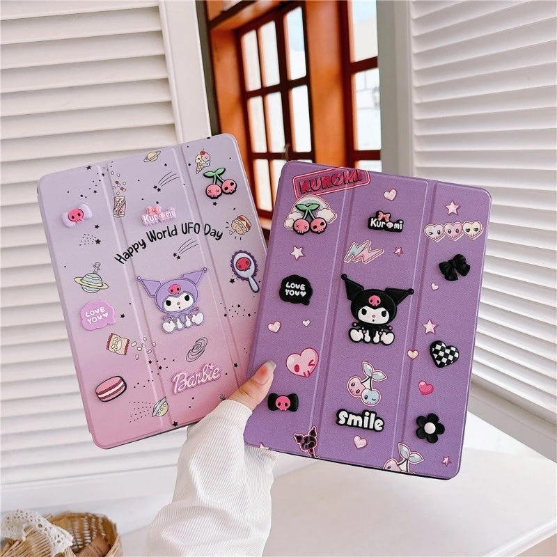 3D Cute Cartoon Kuromi Smile PU Leather Tablet iPad Flip Case,Love Auto Wake/Sleep Colorful Floral Stand with Pencil Holder Cover