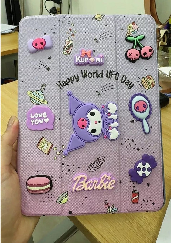 3D Cute Cartoon Kuromi Barbie PU Leather Tablet iPad Flip Case,Candy Auto Wake/Sleep Colorful Floral Stand with Pencil Holder Cover