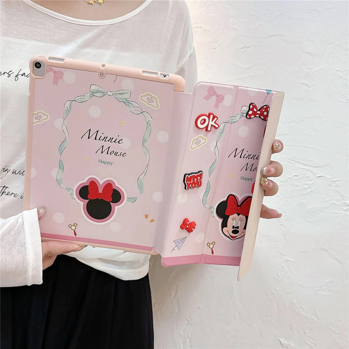 3D Cute Cartoon Minnie Happy Mouse PU Leather Tablet iPad Flip Case,Bow Auto Wake/Sleep Colorful Floral Stand with Pencil Holder Cover