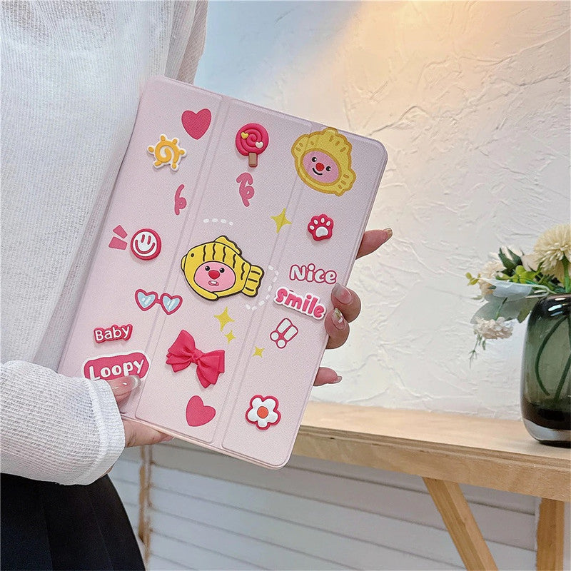 3D Cute Cartoon Doodle Loopy Pig Leather Tablet iPad Flip Case,Candy Smile Auto Wake/Sleep Colorful Floral Stand with Pencil Holder Cover