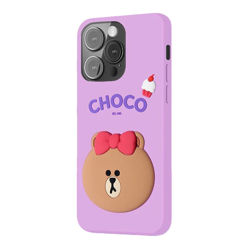 3D Cartoon Line Friends Choco Cute Teddy Soft Silicone Grip Pop with Holder Lavender Case
