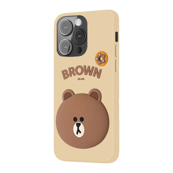 3D Cartoon Line Friends Teddy Cute Soft Silicone Grip Pop with Holder Brown Case
