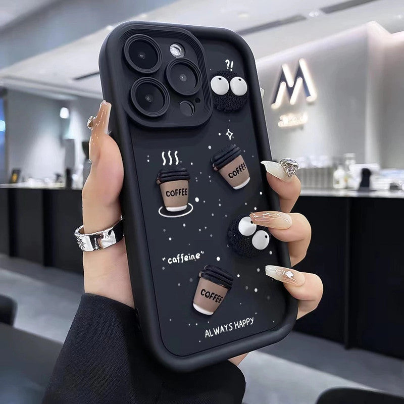 Luxury Cute Fun Cartoon Characters 3D Ball Coffee Cookies Lovers Silicone Case | Happy Black
