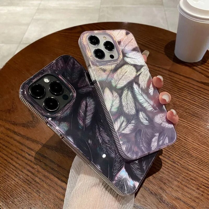 Bling Glitter Colorful Dream Feather Art Laser Gradient Luxe Holographic Leaf Sparkling Cover