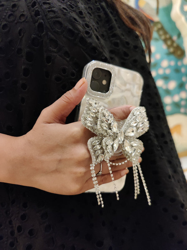 3D Butterfly Tassel Pop Diamond Holder Stand Wrinkle Glitter Bride Holographic Phone Case