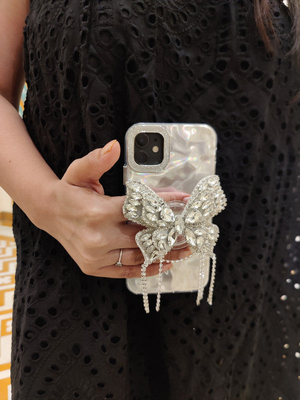 3D Butterfly Tassel Pop Diamond Holder Stand Wrinkle Glitter Bride Holographic Phone Case