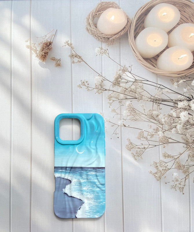 Aesthetic Ocean Wave Sky Design Luxury Texture Trendy Retro Cute Blue Sea Moonlight 3D Wrinkle Case