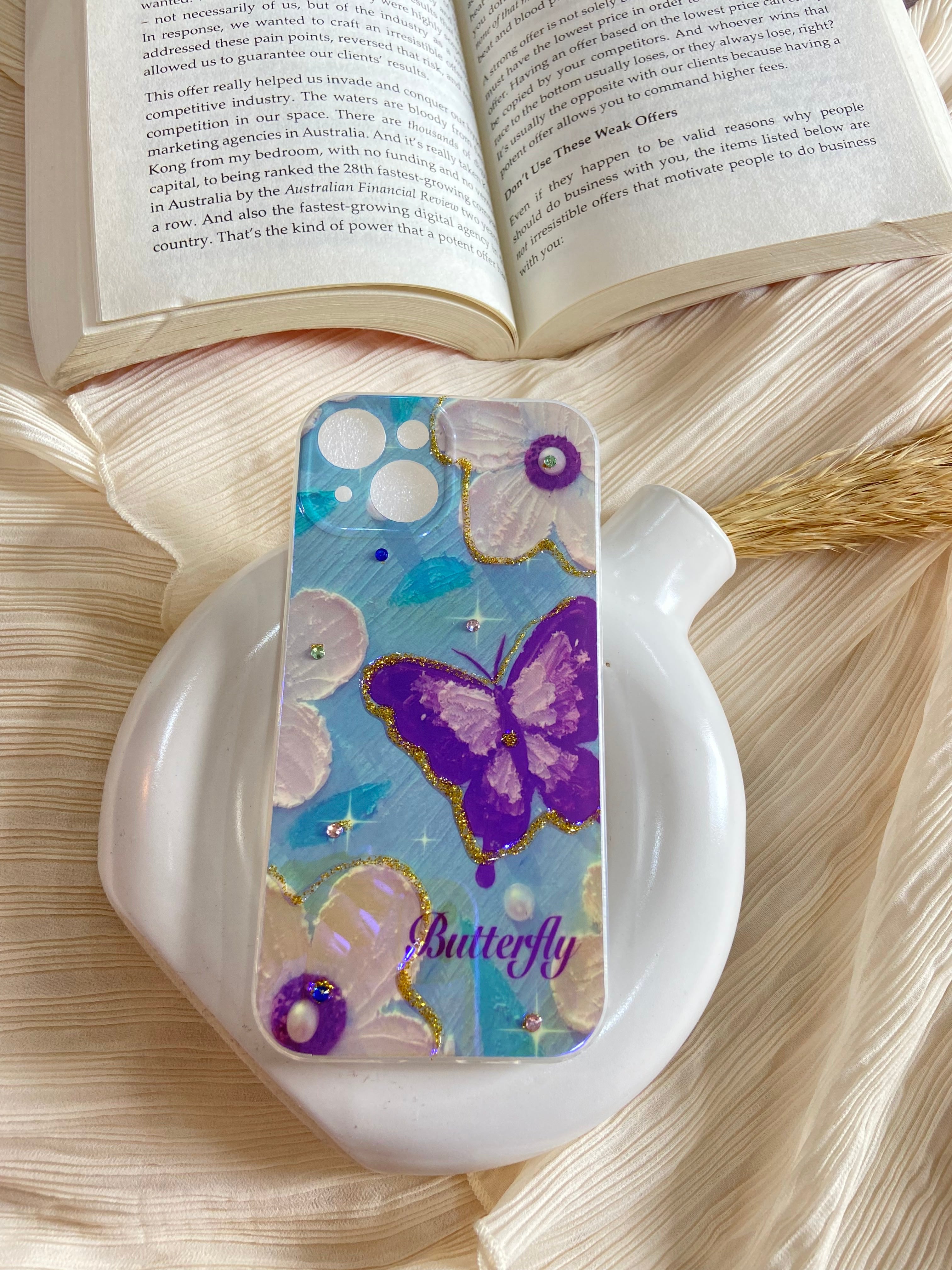 Butterfly Colorful Retro Oil Blue Ray Reflection Ink Painting Flower Floral Designer Sparkle Case