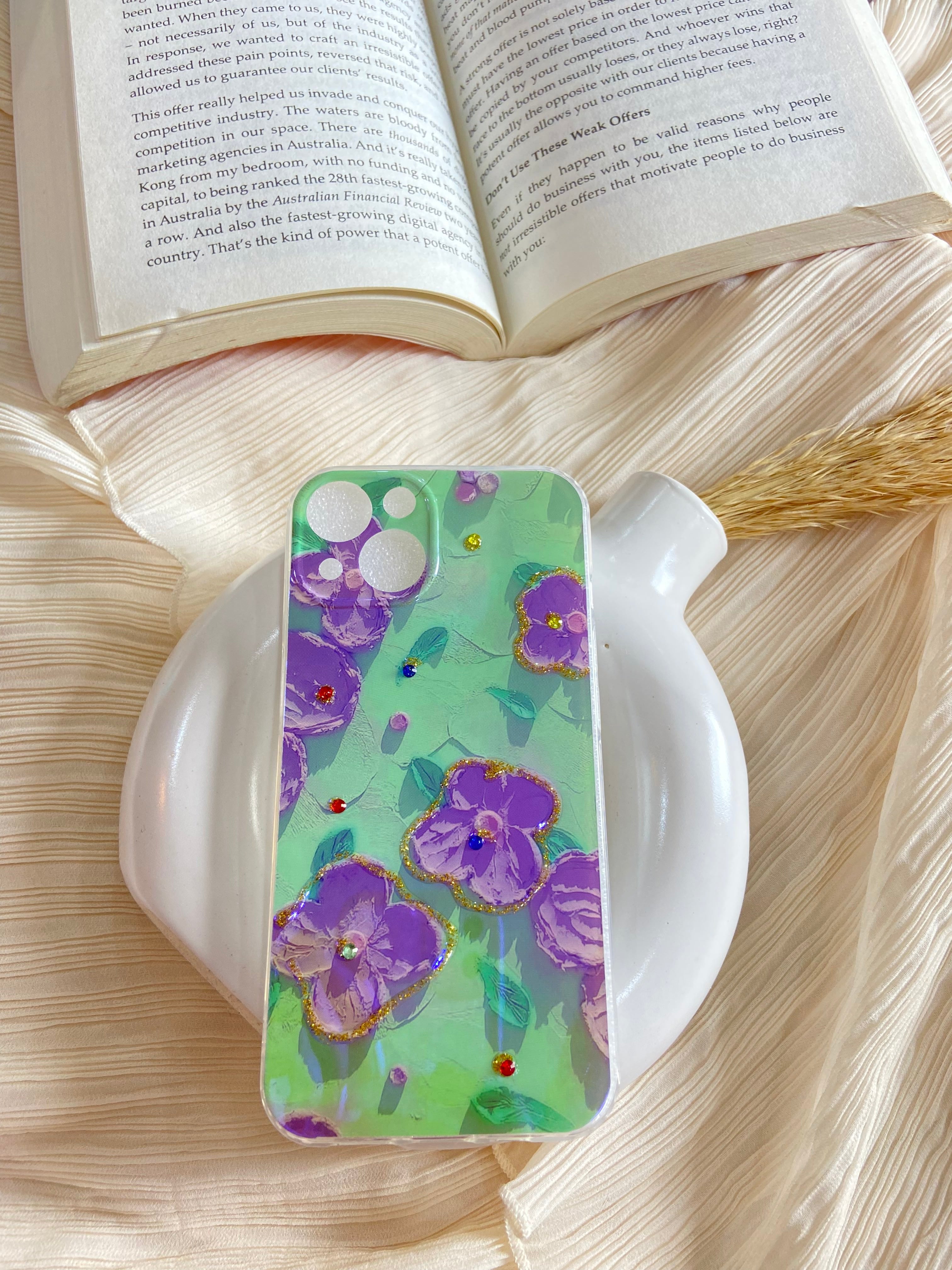 Butterfly Colorful Retro Oil Blue Ray Reflection Ink Painting Flower Floral Design Glitter Case