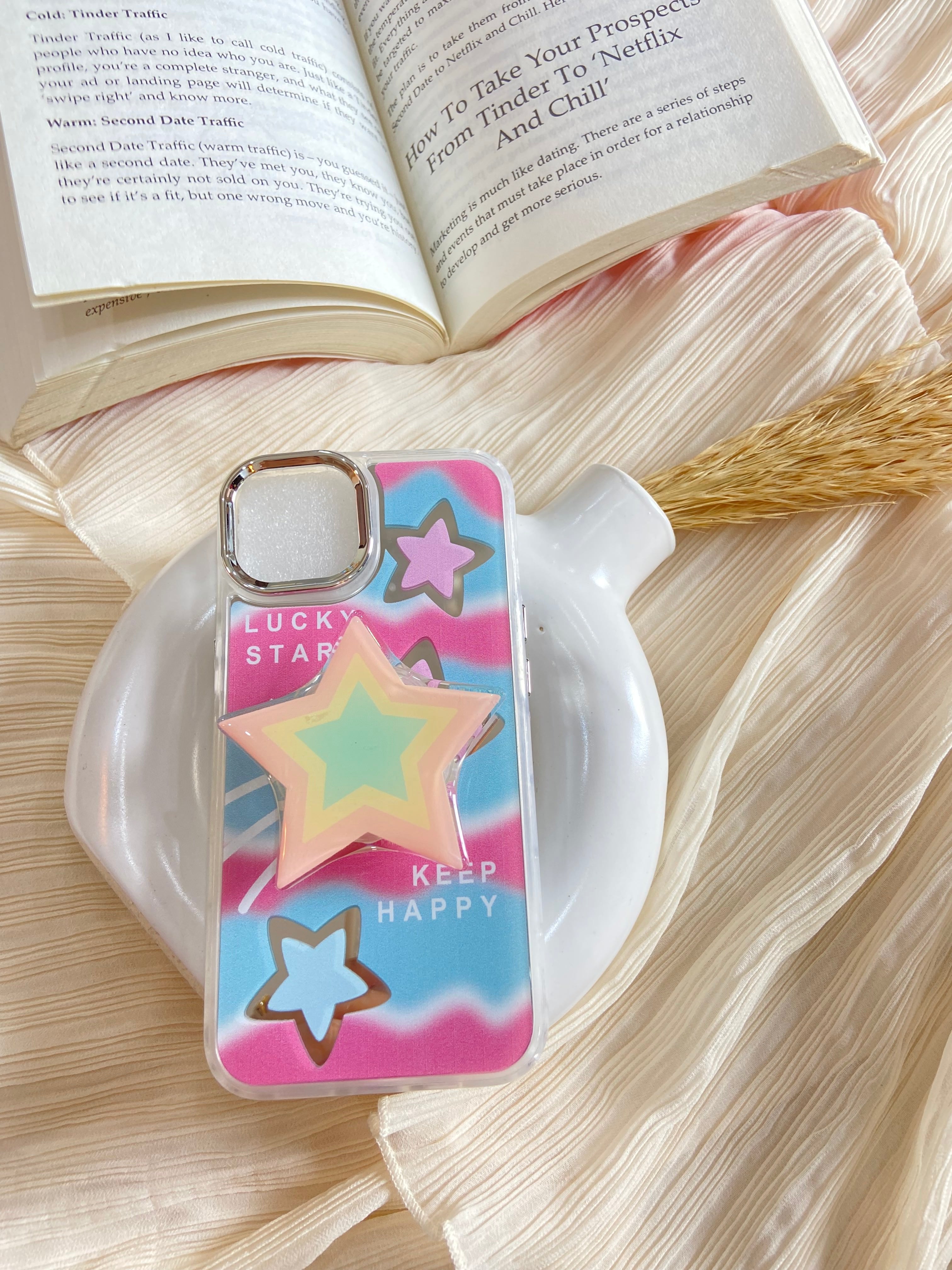 Makeup Mirror Keep Happy Lucky Star Resin Stand Phone Case with Aesthetic Airbag Cute Pop Holder