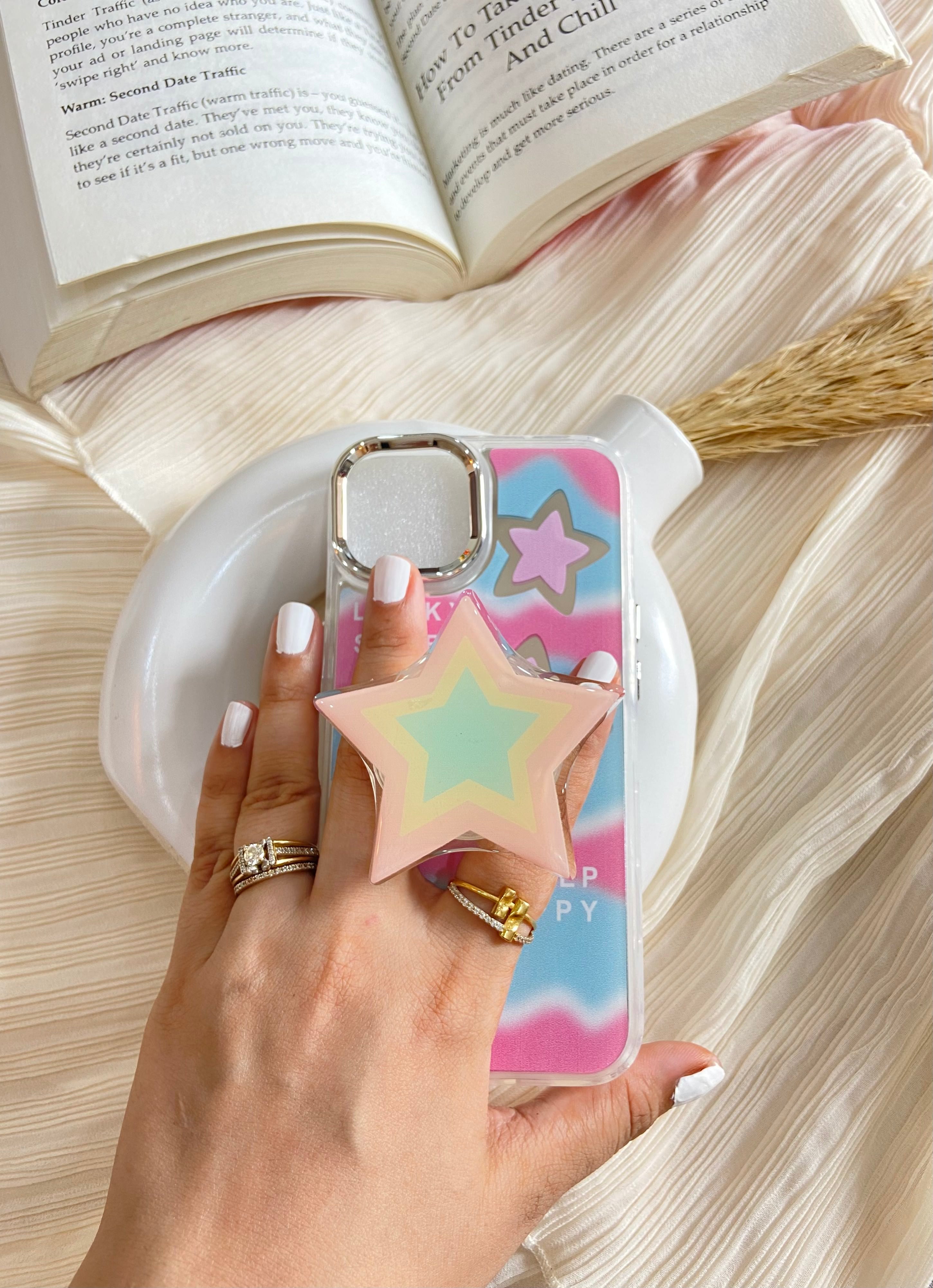 Makeup Mirror Keep Happy Lucky Star Resin Stand Phone Case with Aesthetic Airbag Cute Pop Holder