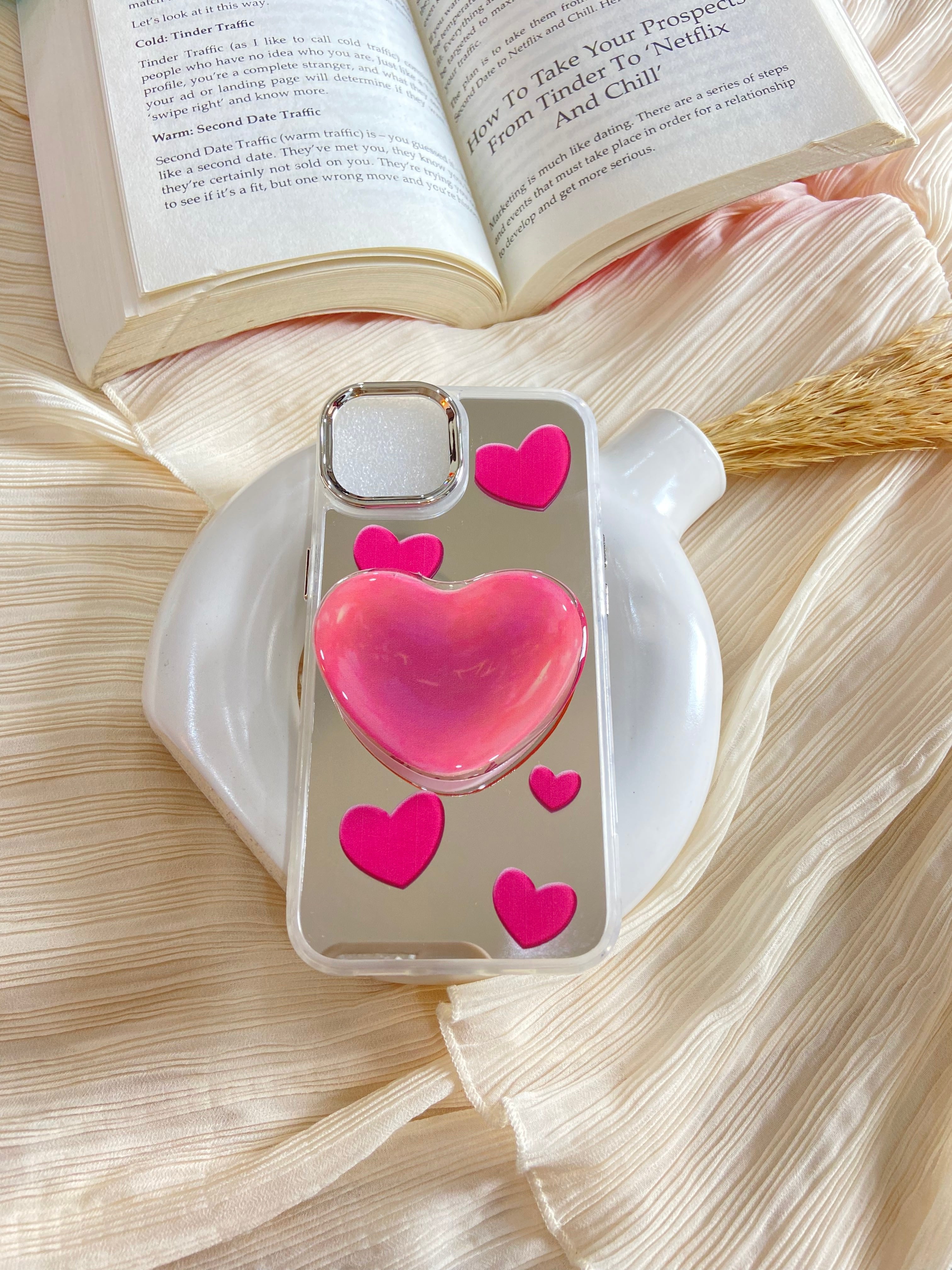 Makeup Mirror Pink Rose Heart Resin Stand Phone Case with Aesthetic Airbag Cute Pop Holder