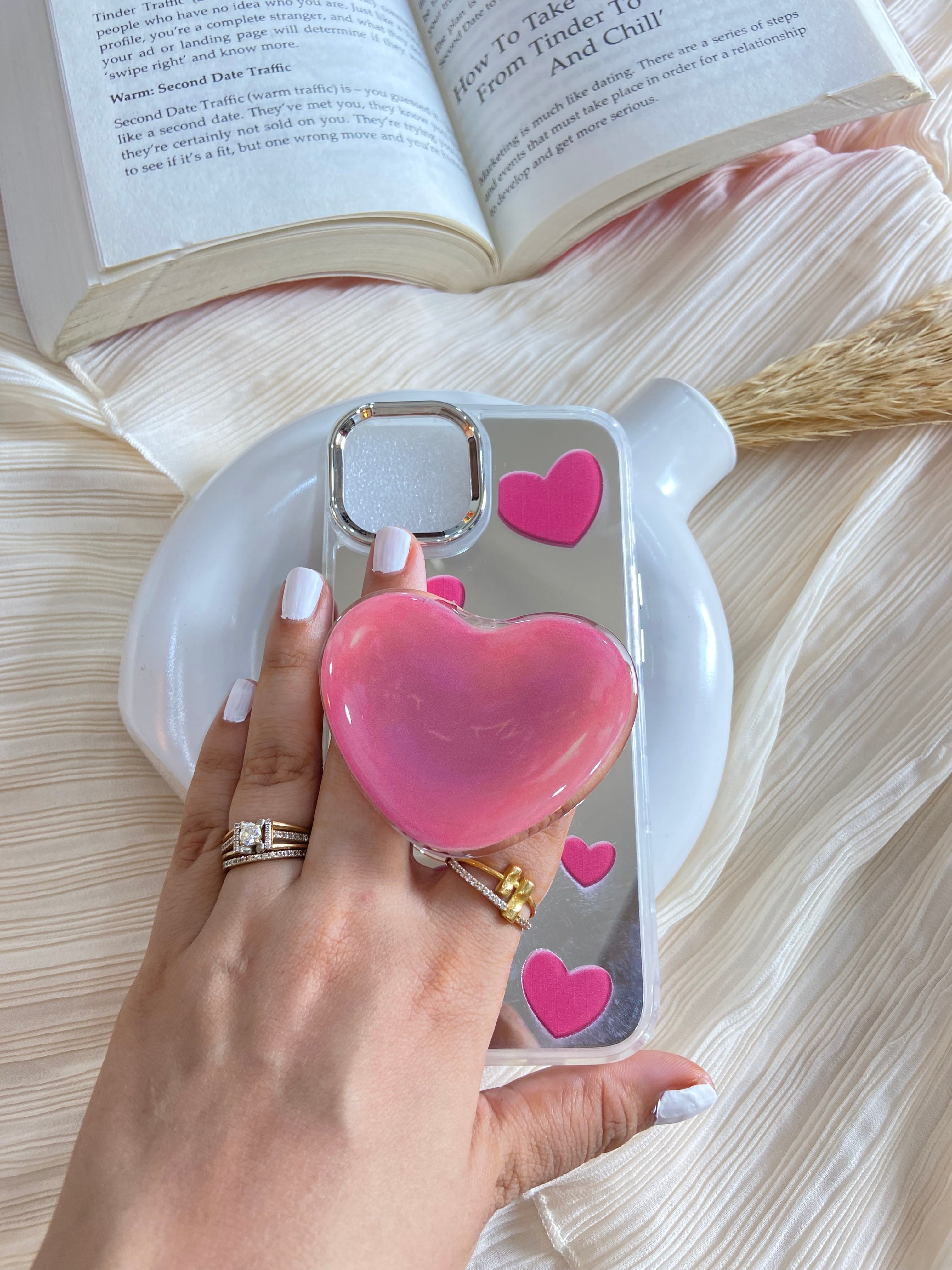 Makeup Mirror Pink Rose Heart Resin Stand Phone Case with Aesthetic Airbag Cute Pop Holder