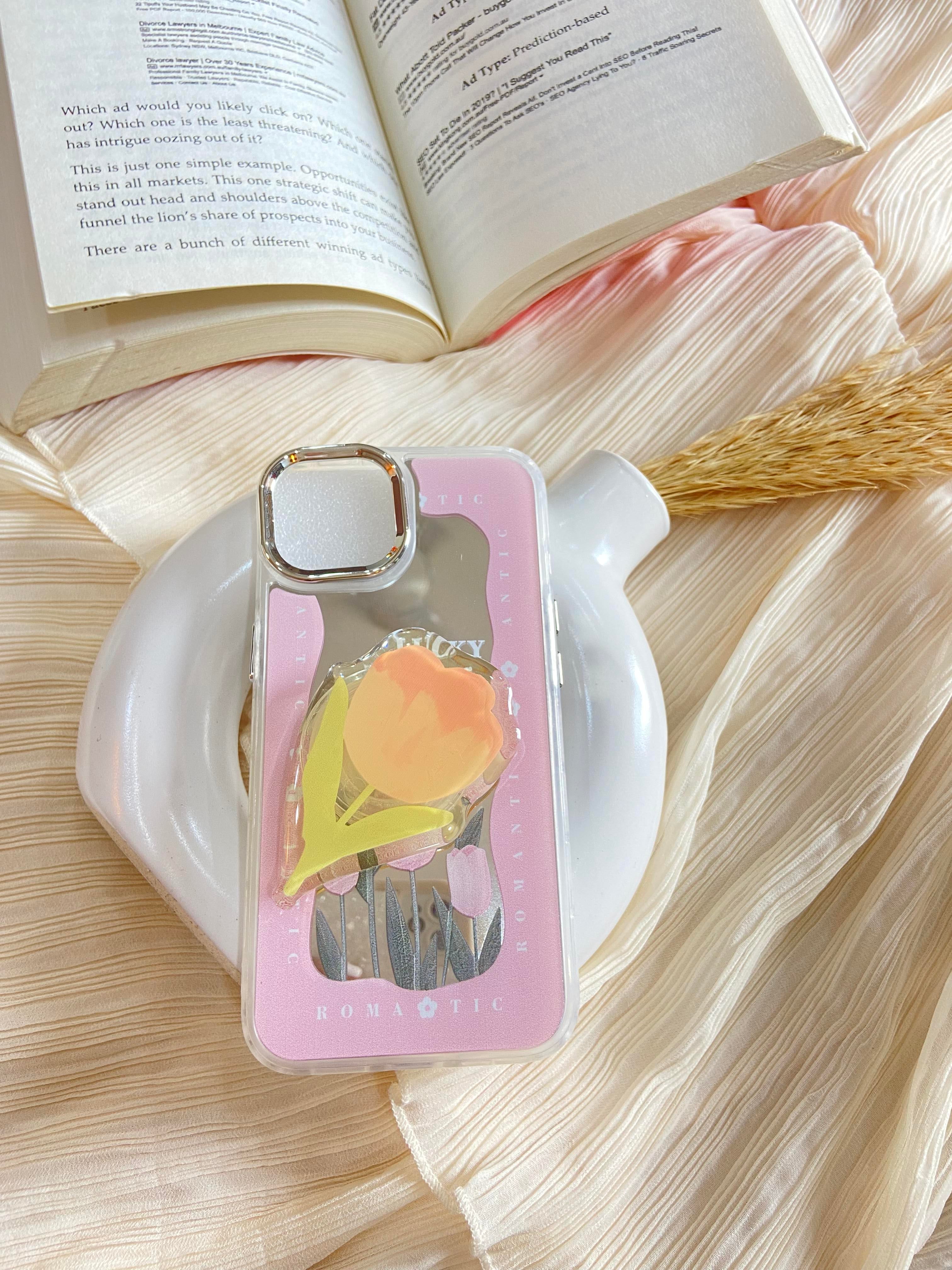 Makeup Mirror Red Rose Flower Bud Resin Stand Phone Case with Aesthetic Airbag Cute Pop Holder