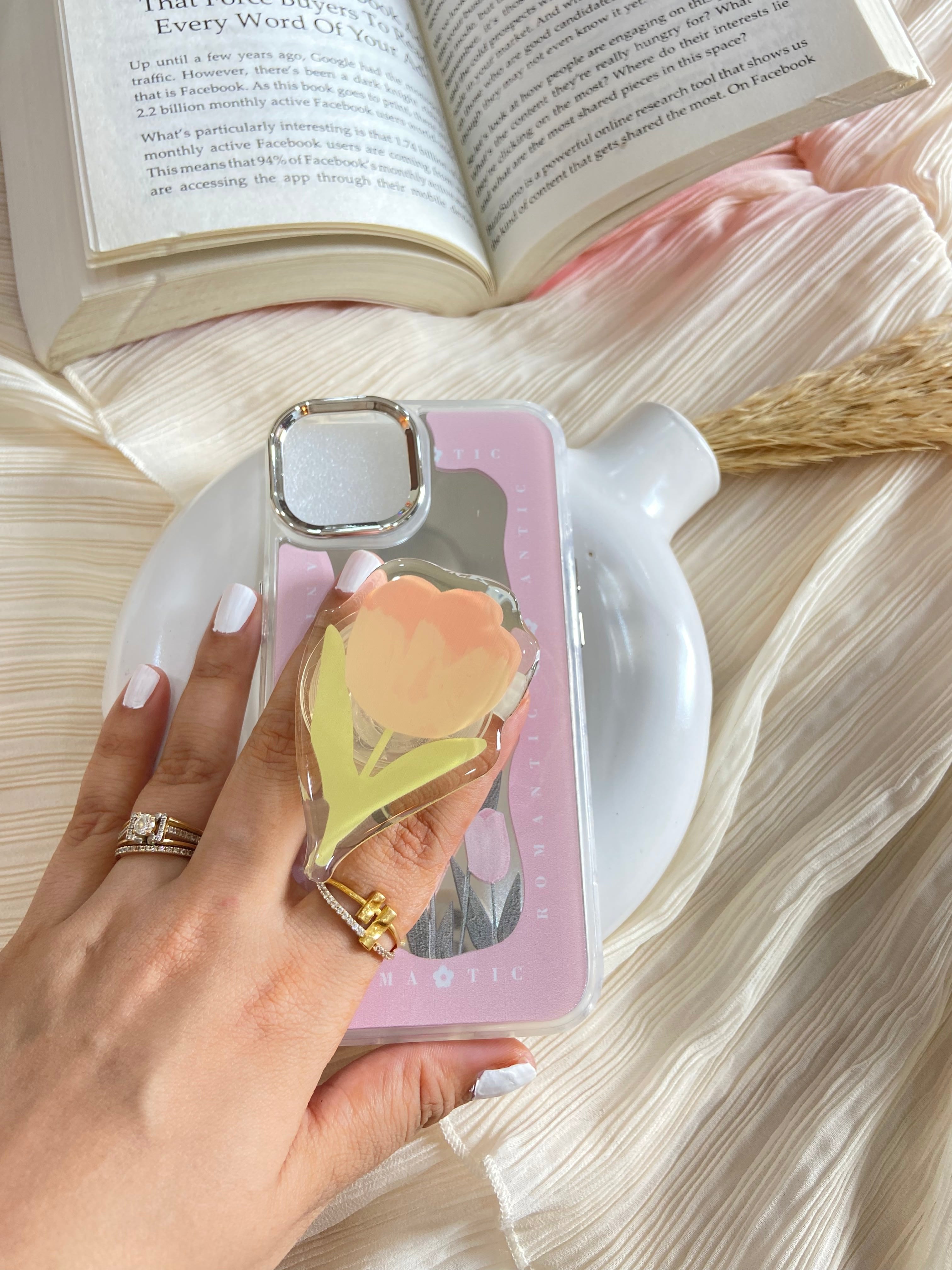 Makeup Mirror Red Rose Flower Bud Resin Stand Phone Case with Aesthetic Airbag Cute Pop Holder