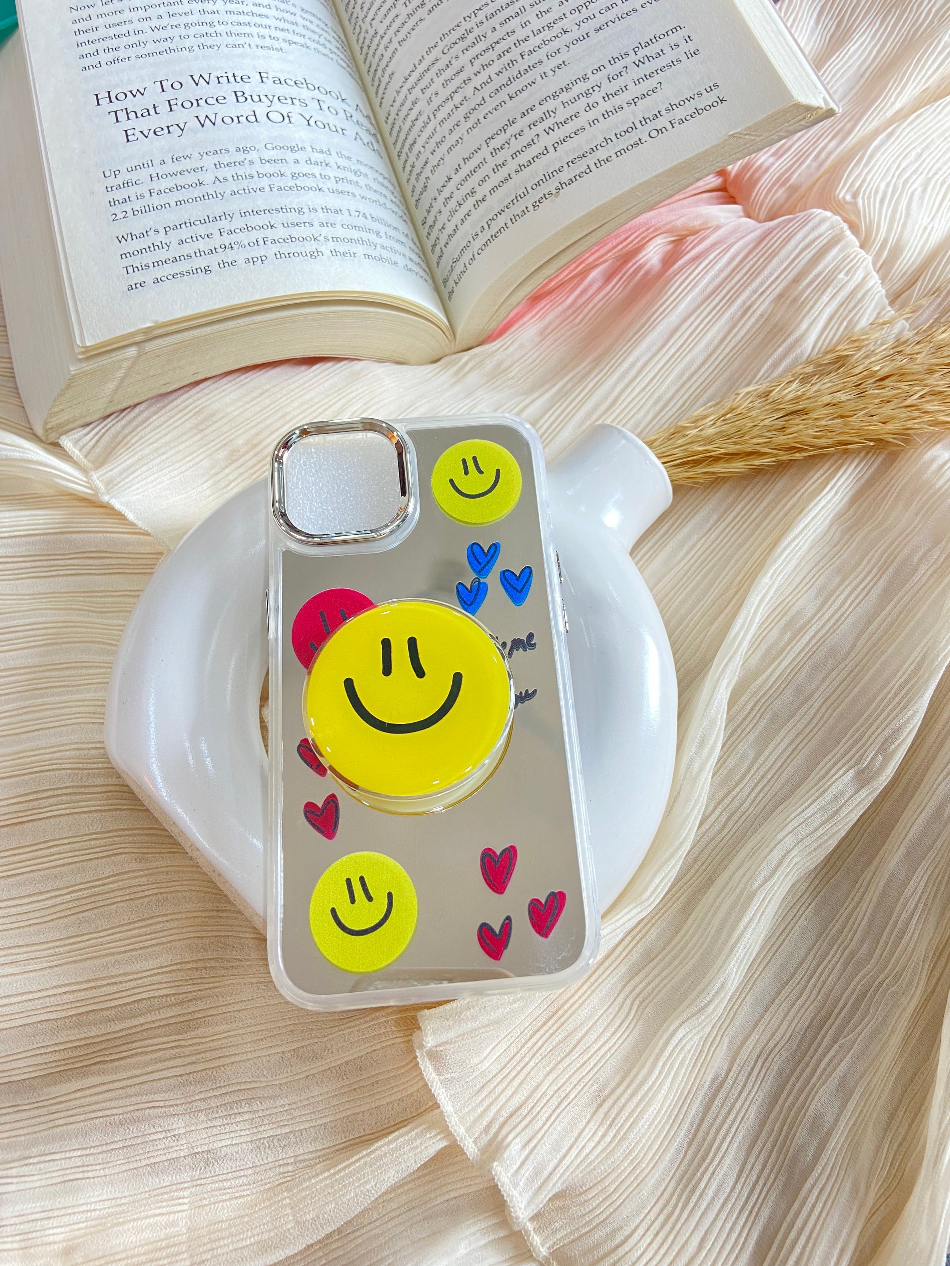 Makeup Mirror Yellow Smiley Emoji Love Resin Stand Phone Case with Aesthetic Airbag Cute Pop Holder