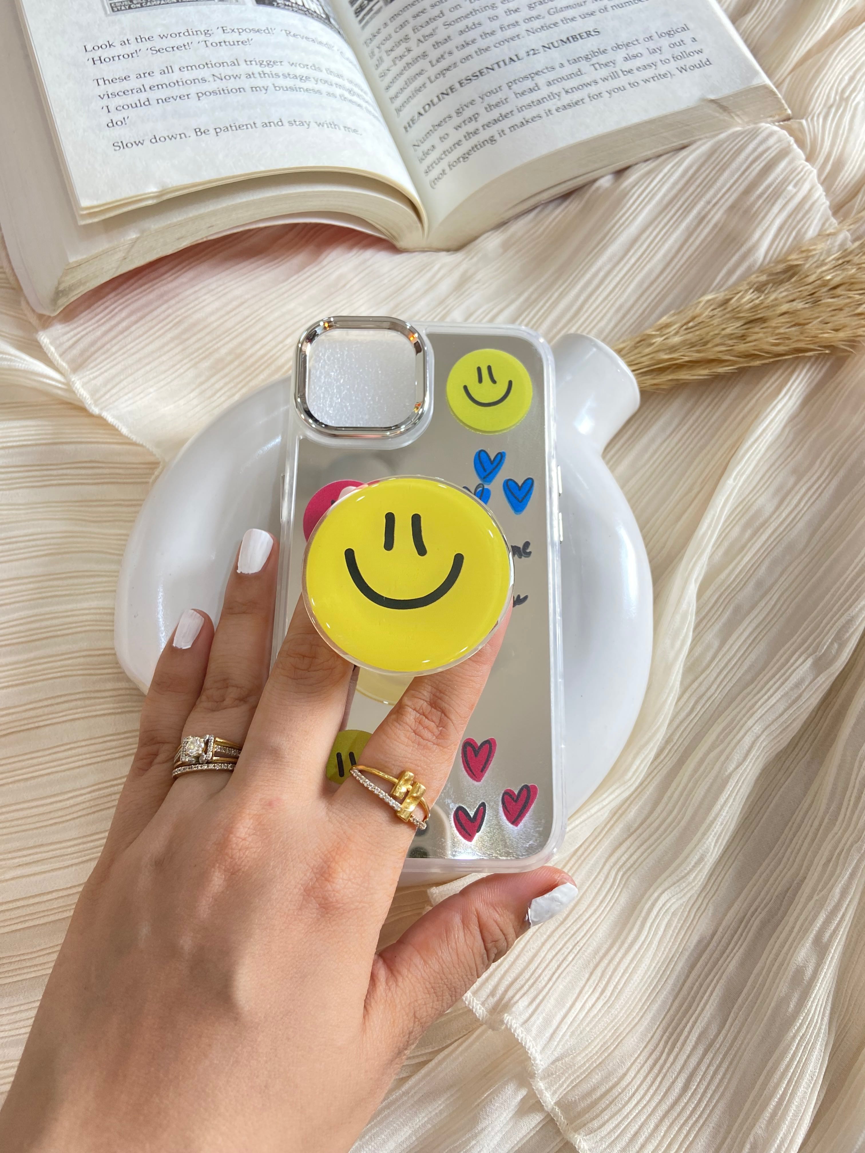 Makeup Mirror Yellow Smiley Emoji Love Resin Stand Phone Case with Aesthetic Airbag Cute Pop Holder