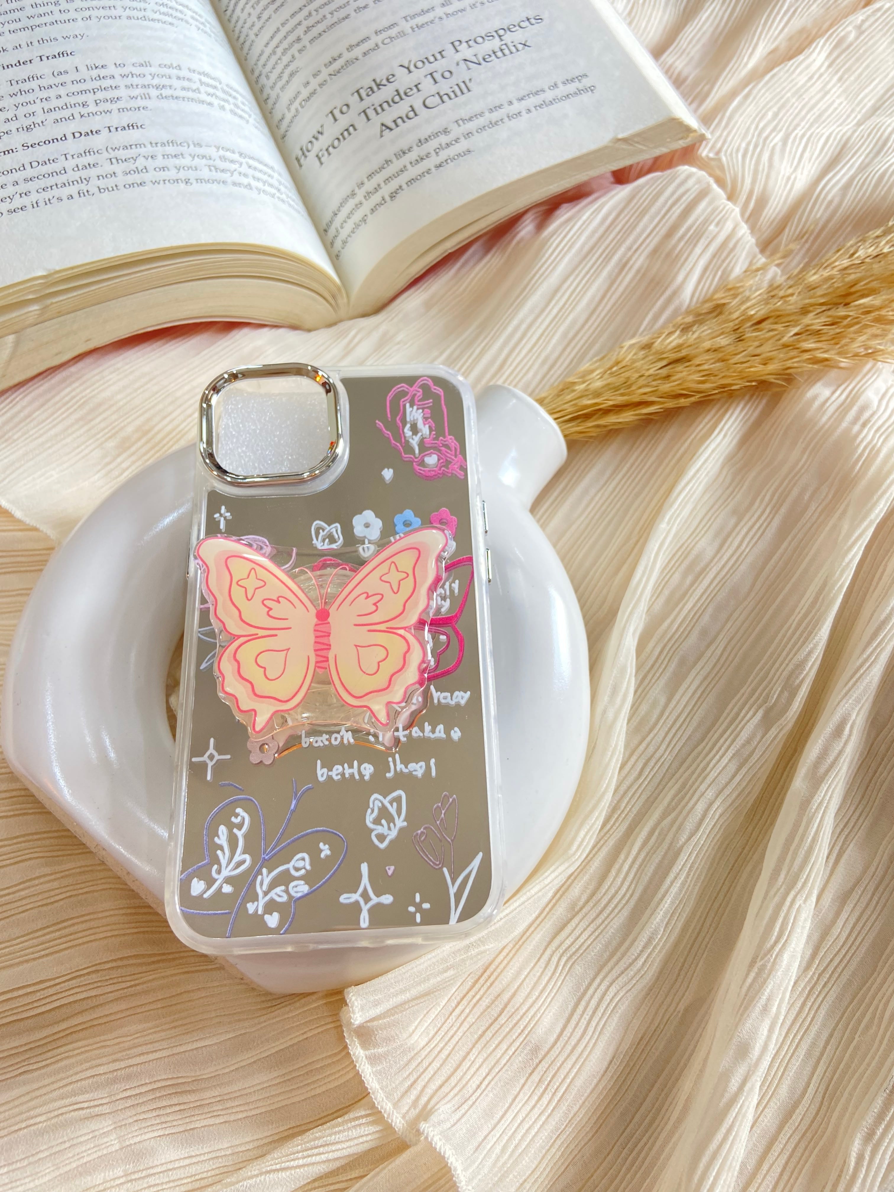 Makeup Mirror Butterfly Resin Stand Phone Case with Aesthetic Airbag Cute Pop Holder