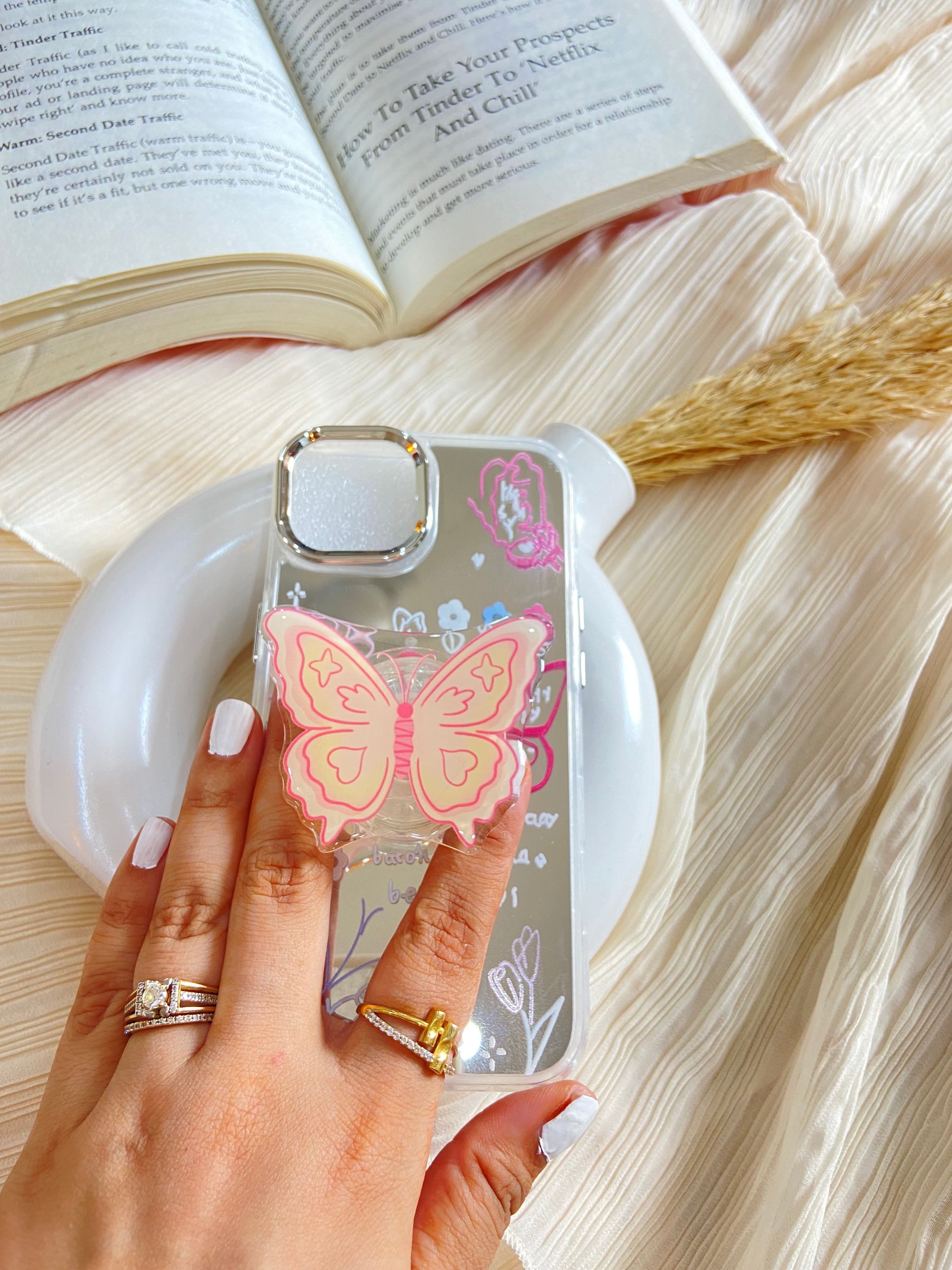 Makeup Mirror Butterfly Resin Stand Phone Case with Aesthetic Airbag Cute Pop Holder
