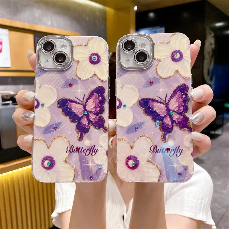 Butterfly Colorful Retro Oil Ink Painting Flower Floral Design Luxury Case