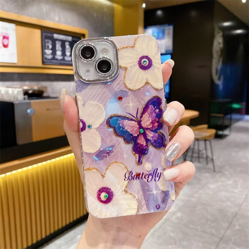 Butterfly Colorful Retro Oil Ink Painting Flower Floral Design Luxury Case