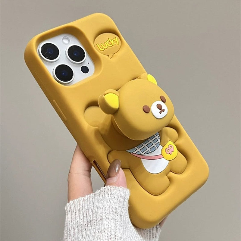 3D Rilakkuma Bear Cartoon Lucky Teddy Bear Love Pastel Brown with Pop Phone Holder