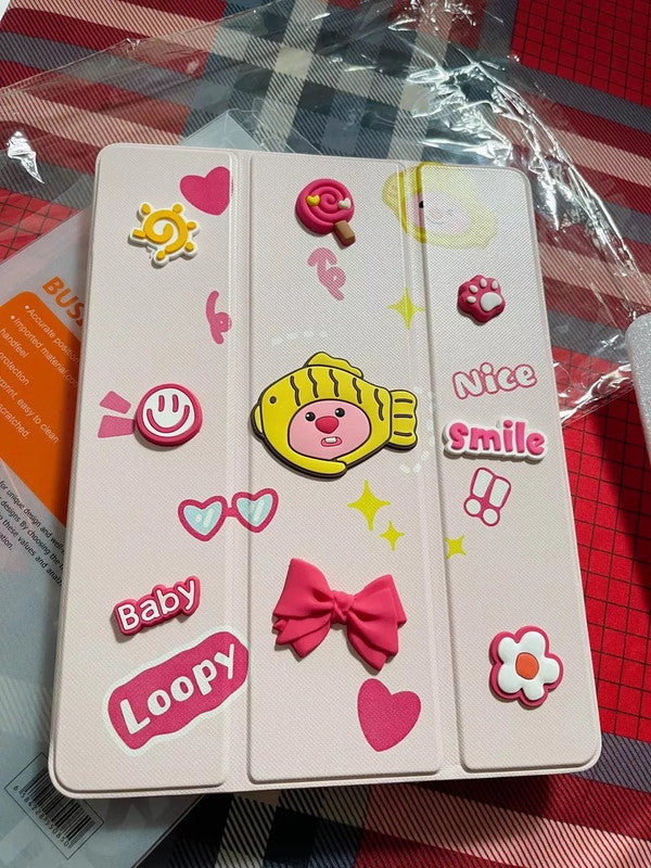 3D Cute Cartoon Doodle Loopy Pig Leather Tablet iPad Flip Case,Candy Smile Auto Wake/Sleep Colorful Floral Stand with Pencil Holder Cover