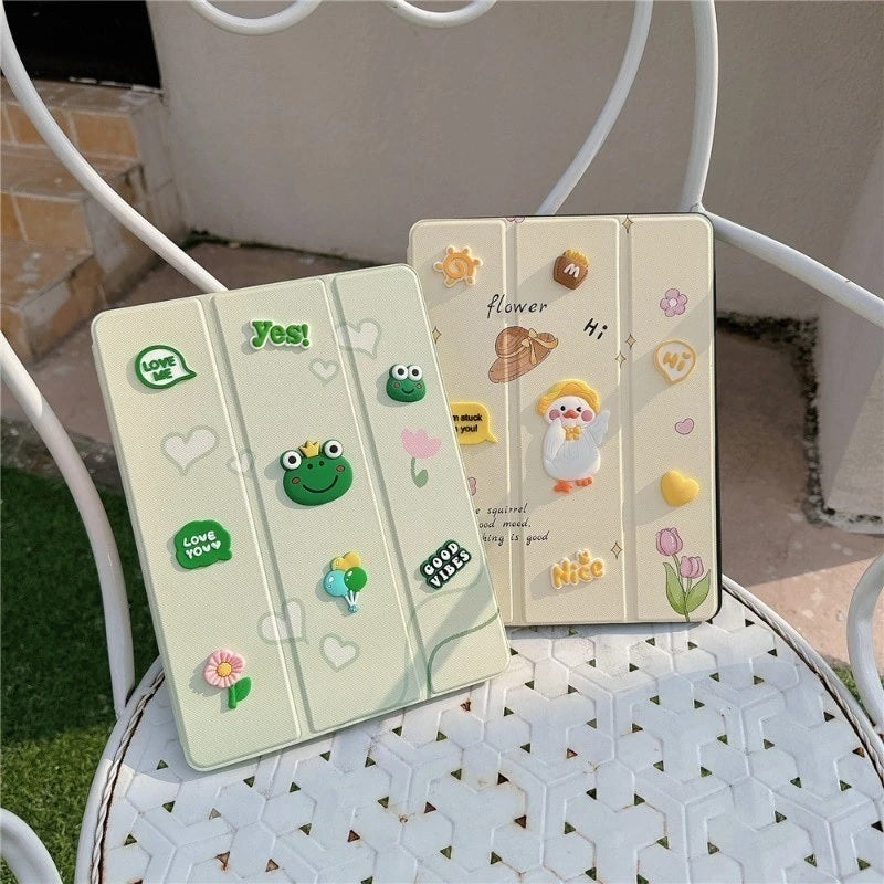 3D Cute Cartoon Frog Crown Charm PU Leather Tablet iPad Flip Case,Balloons Vibe Colorful Floral Wallet Stand with Pencil Holder Cover