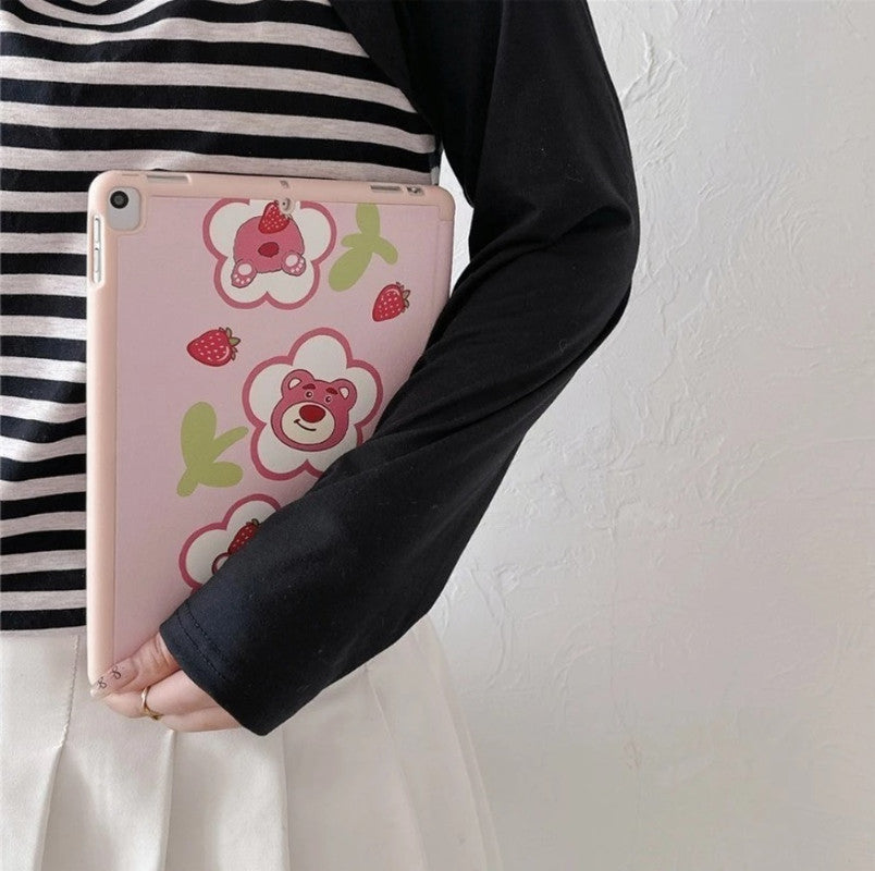 3D Cute Cartoon Bread Biscuit PU Leather Tablet iPad Flip Case,Smile Coffee Auto Wake/Sleep Colorful Floral Stand with Pencil Holder Cover