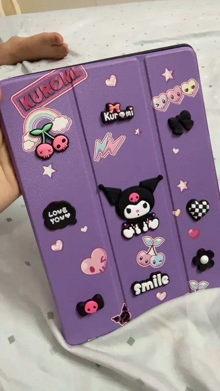 3D Cute Cartoon Kuromi Smile PU Leather Tablet iPad Flip Case,Love Auto Wake/Sleep Colorful Floral Stand with Pencil Holder Cover