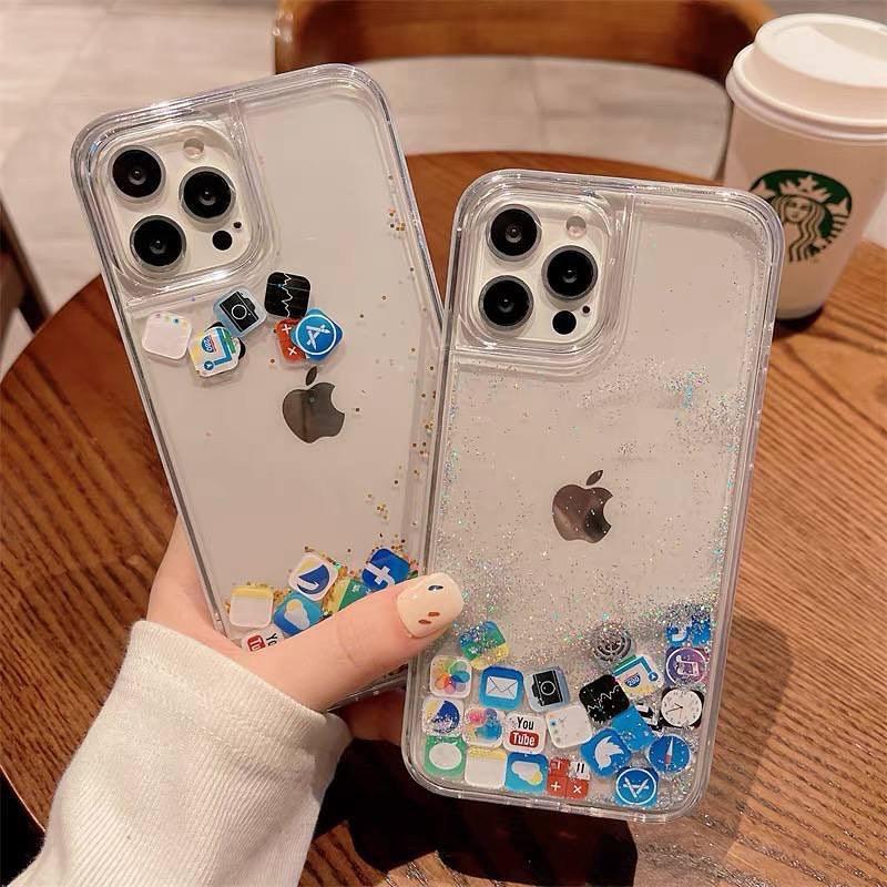 Liquid Glitter Bling Quicksand with iOS Acrylic Icon Sparkle Floating App Case