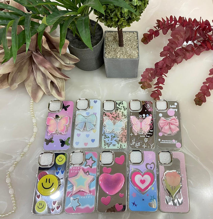 Makeup Mirror Love Heart White Bow Resin Stand Phone Case with Aesthetic Airbag Cute Pop Holder