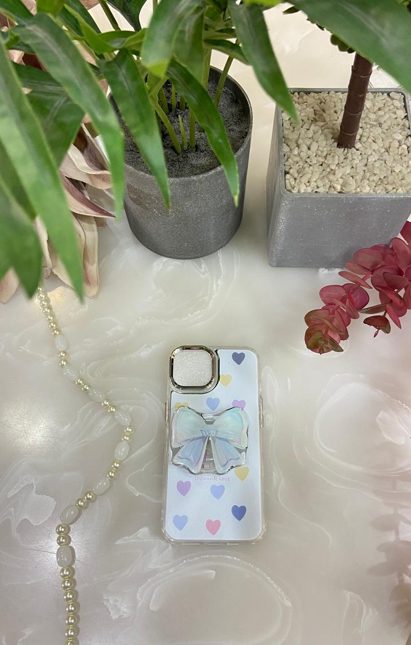 Makeup Mirror Love Heart White Bow Resin Stand Phone Case with Aesthetic Airbag Cute Pop Holder