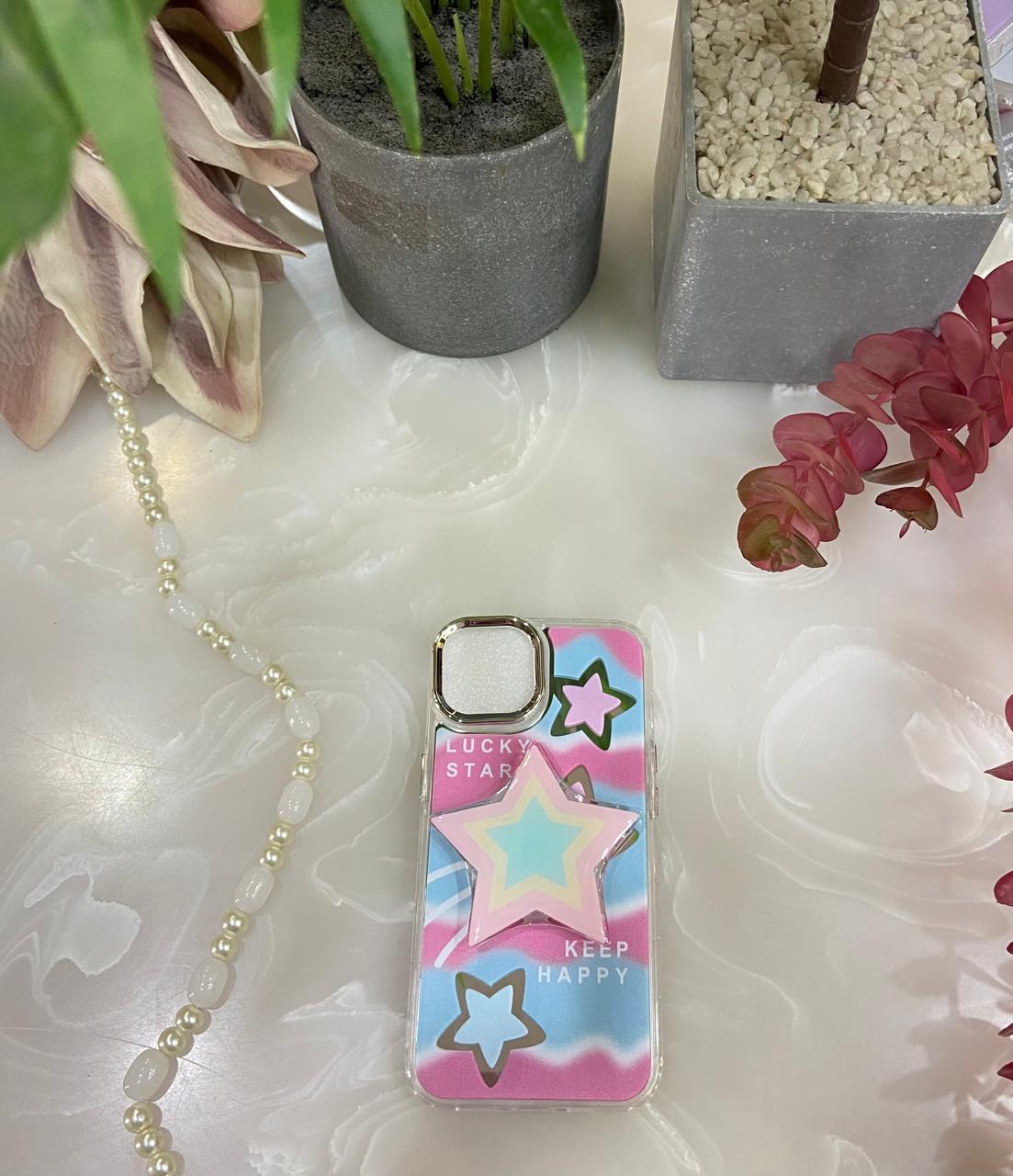 Makeup Mirror Keep Happy Lucky Star Resin Stand Phone Case with Aesthetic Airbag Cute Pop Holder
