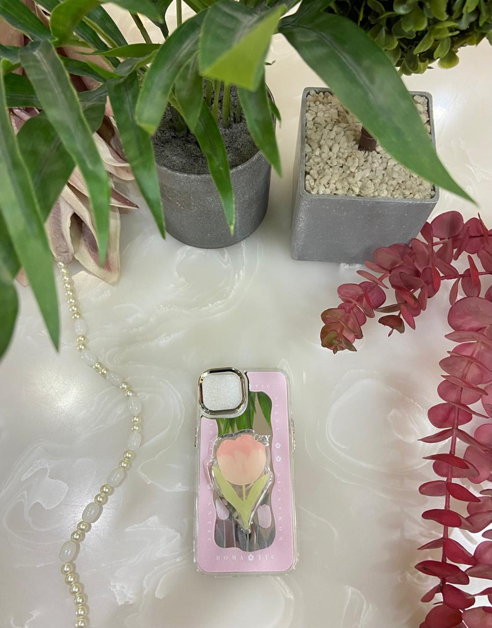 Makeup Mirror Red Rose Flower Bud Resin Stand Phone Case with Aesthetic Airbag Cute Pop Holder