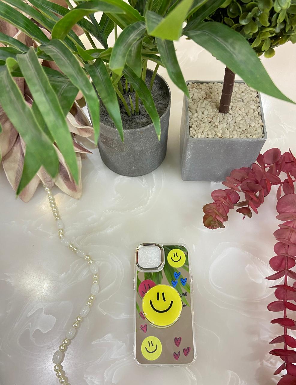 Makeup Mirror Yellow Smiley Emoji Love Resin Stand Phone Case with Aesthetic Airbag Cute Pop Holder