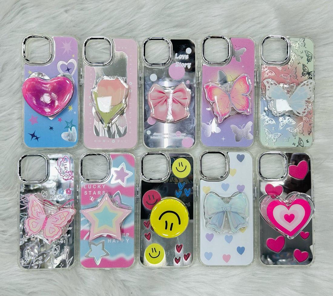 Makeup Mirror Pink Rose Heart Resin Stand Phone Case with Aesthetic Airbag Cute Pop Holder