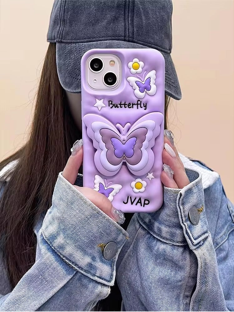 3D Cartoon Butterfly Flower Lavender Phone Case with Holder