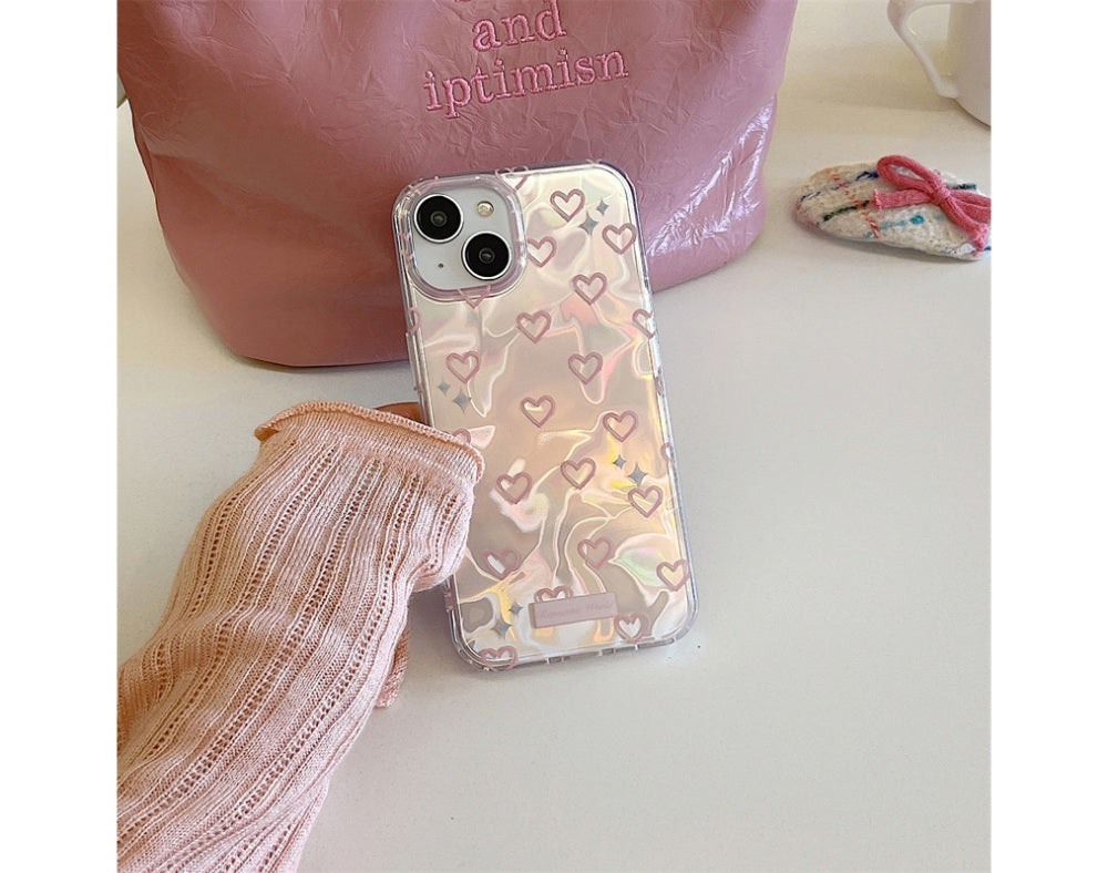 3D Heart Aesthetic Handcrafted Real Pearl Accents & Iridescent Holographic Waves (Blush Silver & Pearlescent Silver)