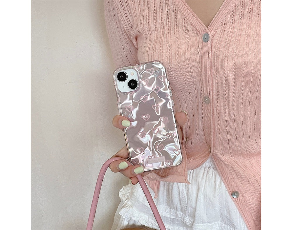 3D Heart Aesthetic Handcrafted Real Pearl Accents & Iridescent Holographic Waves (Blush Silver & Pearlescent Silver)