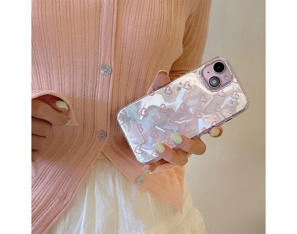 3D Heart Aesthetic Handcrafted Real Pearl Accents & Iridescent Holographic Waves (Blush Silver & Pearlescent Silver)