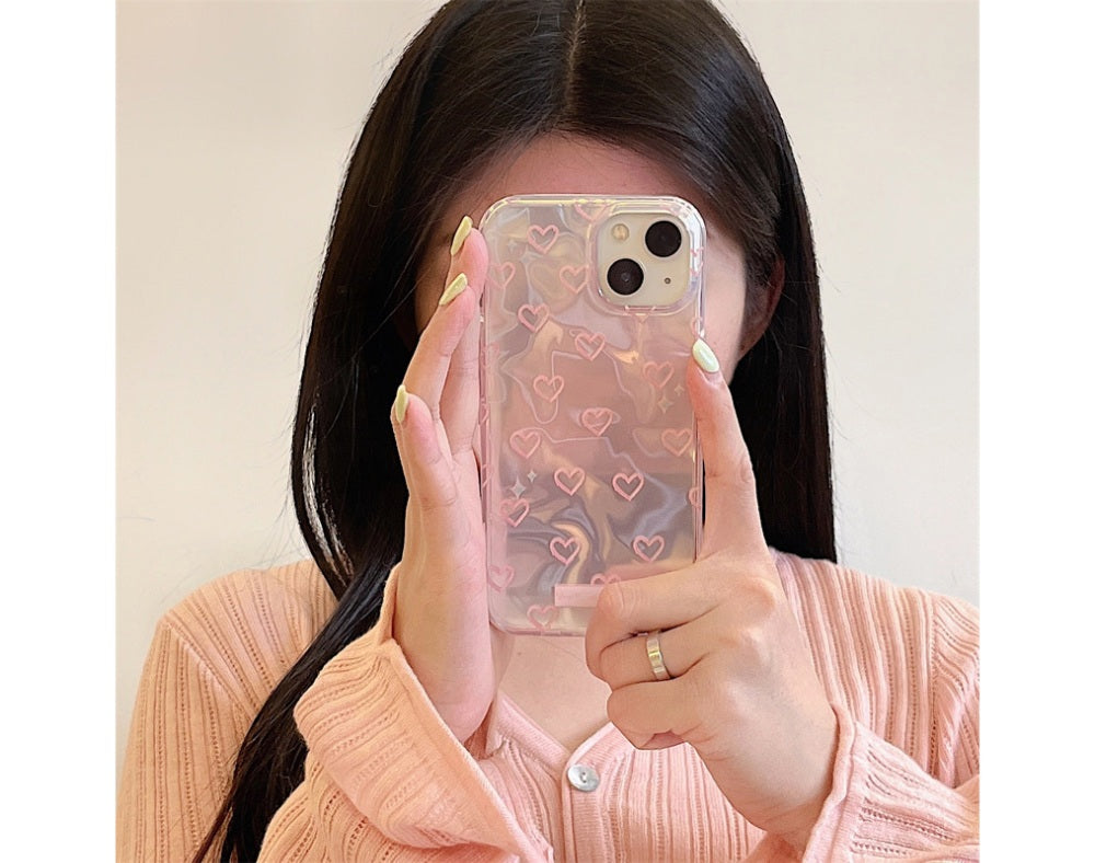 3D Heart Aesthetic Handcrafted Real Pearl Accents & Iridescent Holographic Waves (Blush Silver & Pearlescent Silver)