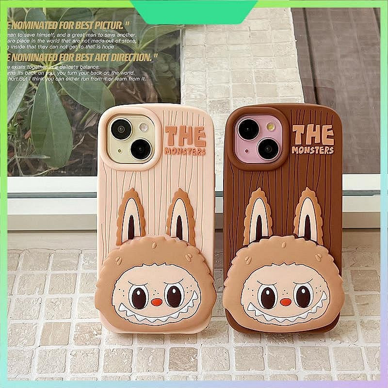 3D The Monster Labubu Mirror Cartoon Phone Holder Stand Makeup Brown Case