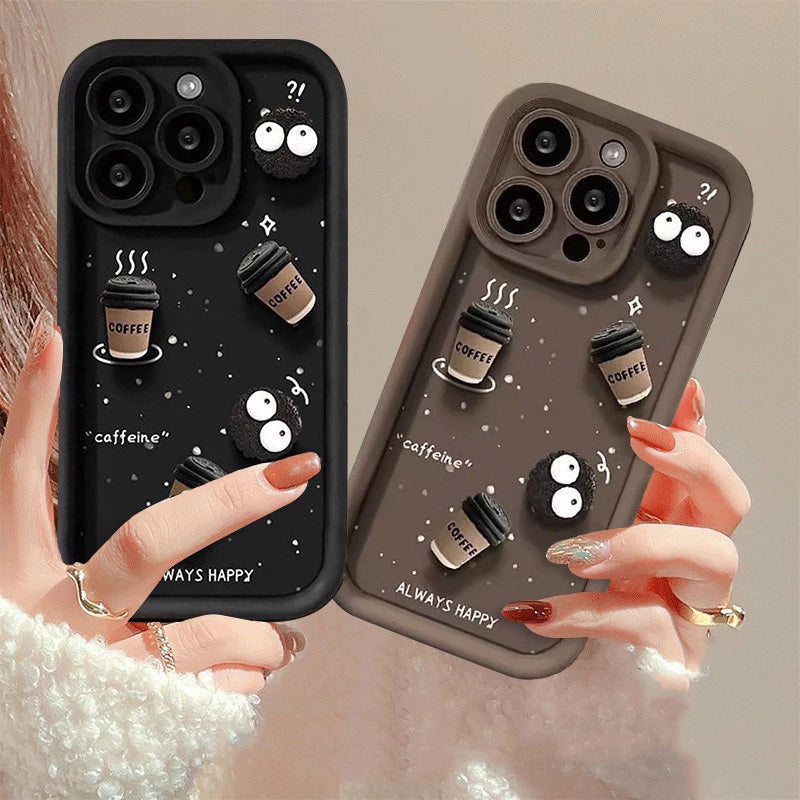 Luxury Cute Fun Cartoon Characters 3D Ball Coffee Cookies Lovers Silicone Case | Happy Black