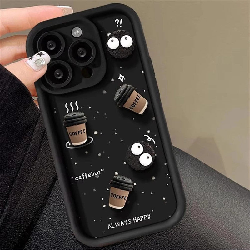 Luxury Cute Fun Cartoon Characters 3D Ball Coffee Cookies Lovers Silicone Case | Happy Black
